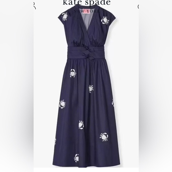 Kate Spade Poplin Bow Navy Crab Print Midi Dress Sz 4 NAVY Blue V-Neck Pockets - Picture 16 of 16